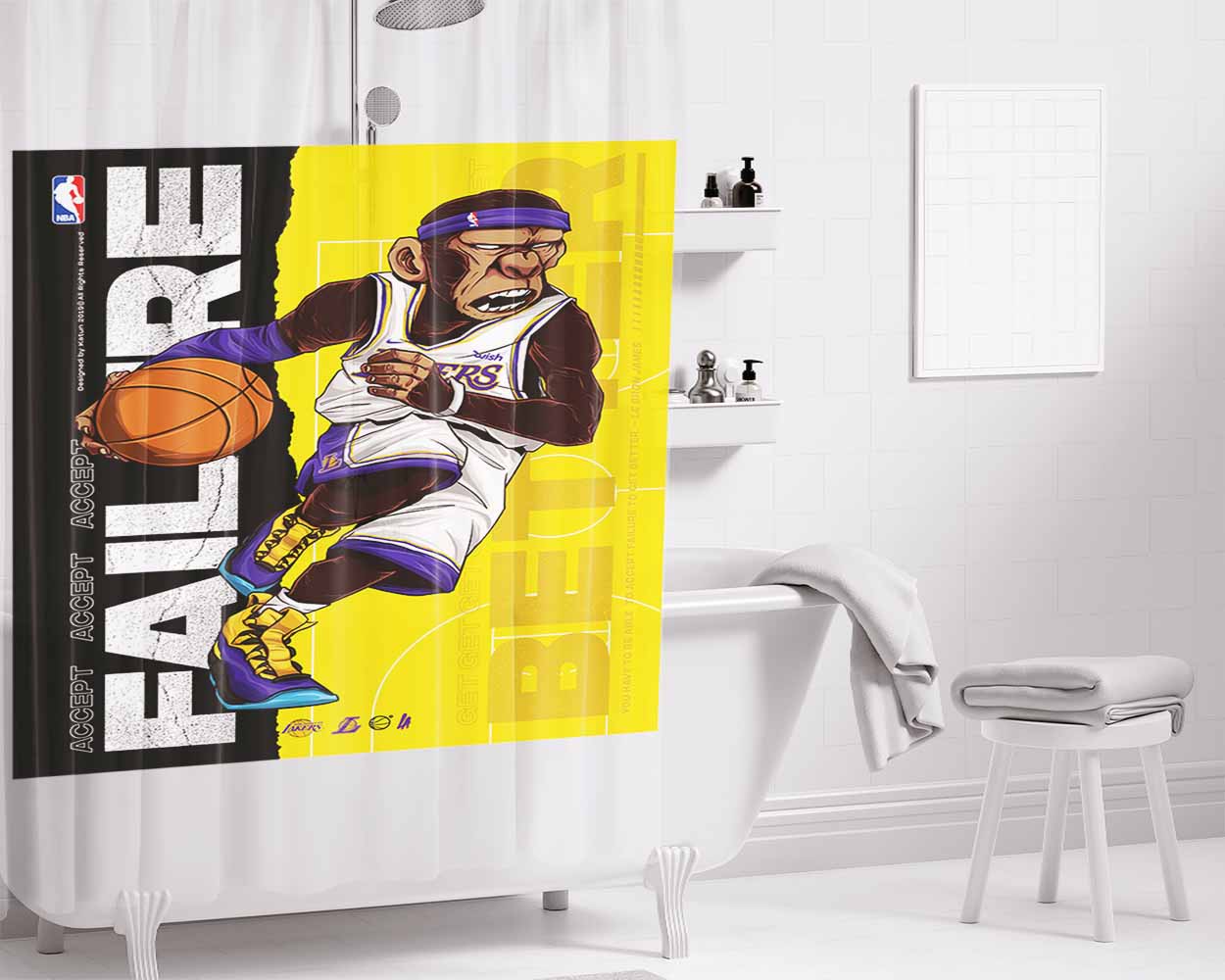 Nba Monkeys Basket Bathroom Shower Curtain Fabric Waterproof | 66 X 72 Inch