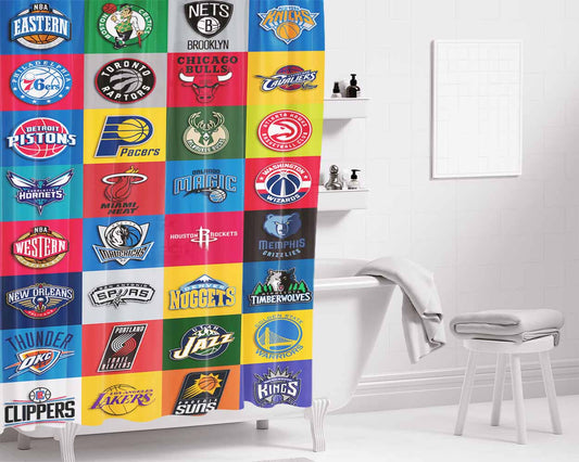 Nba Team Collage Bathroom Shower Curtain Fabric Waterproof | 66 X 72 Inch