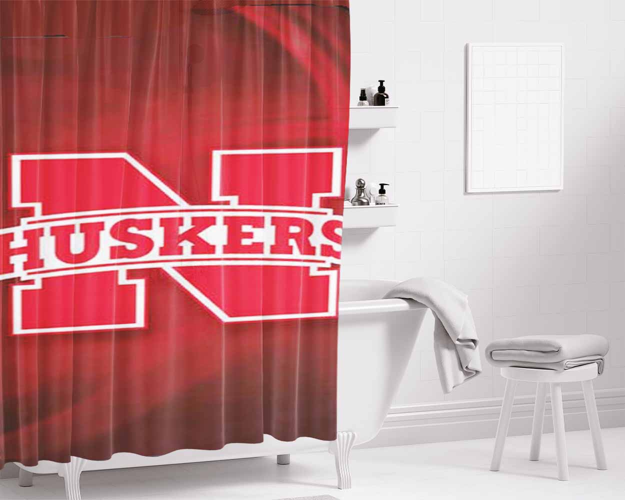 Nebraska Cornhuskers Red Swirls Bathroom Shower Curtain Fabric Waterproof | 66 X 72 Inch