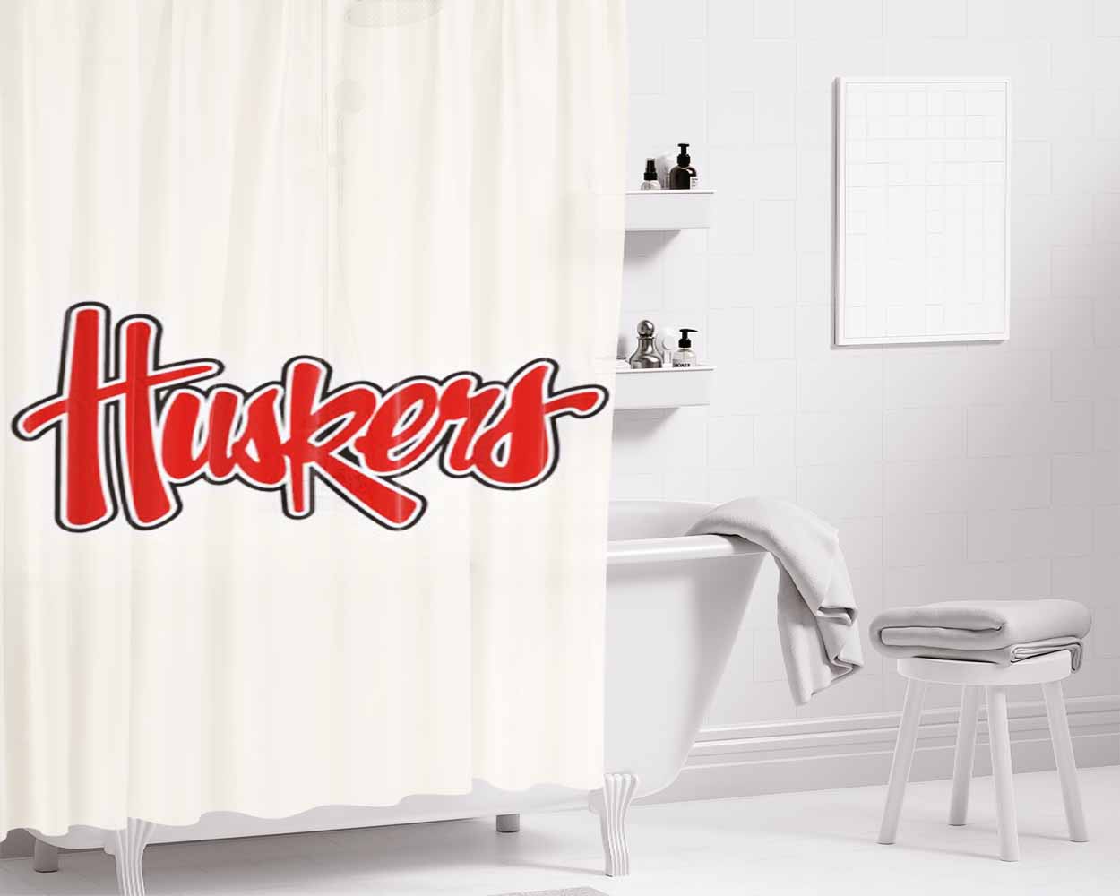 Nebraska Cornhuskers White Bathroom Shower Curtain Fabric Waterproof | 66 X 72 Inch
