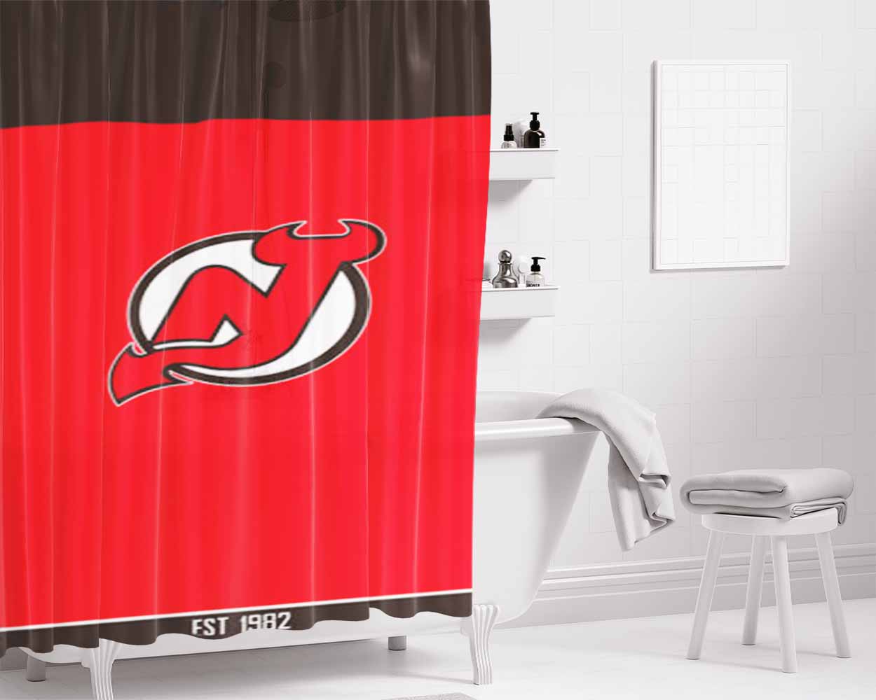 New Jersey Devils Est 1982 Bathroom Shower Curtain Fabric Waterproof | 66 X 72 Inch