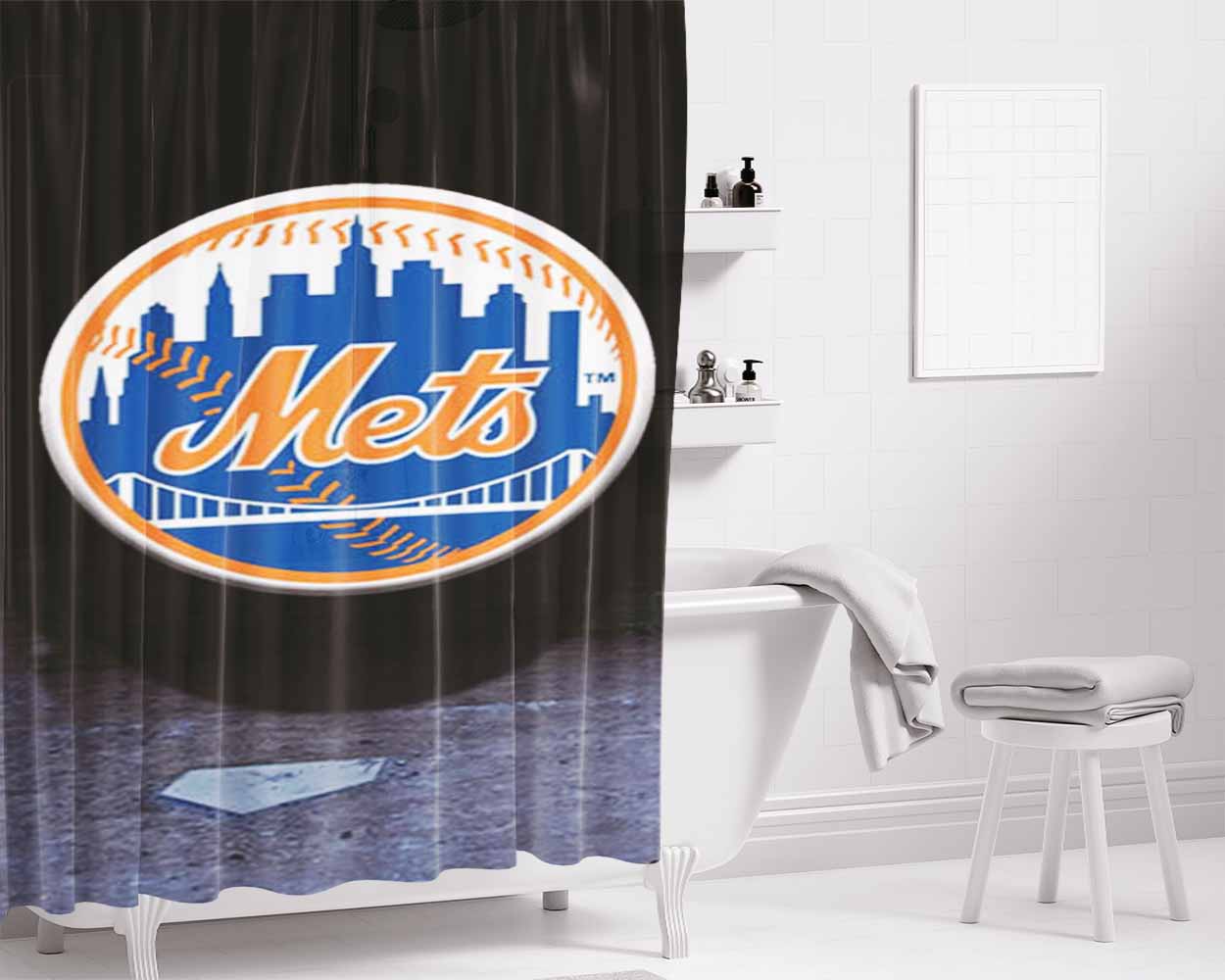 New York Mets Fade To Black Bathroom Shower Curtain Fabric Waterproof | 66 X 72 Inch