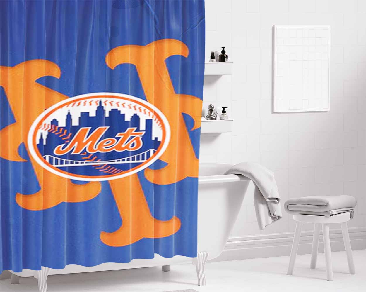 New York Mets Logo Baseball 1 Bathroom Shower Curtain Fabric Waterproof | 66 X 72 Inch