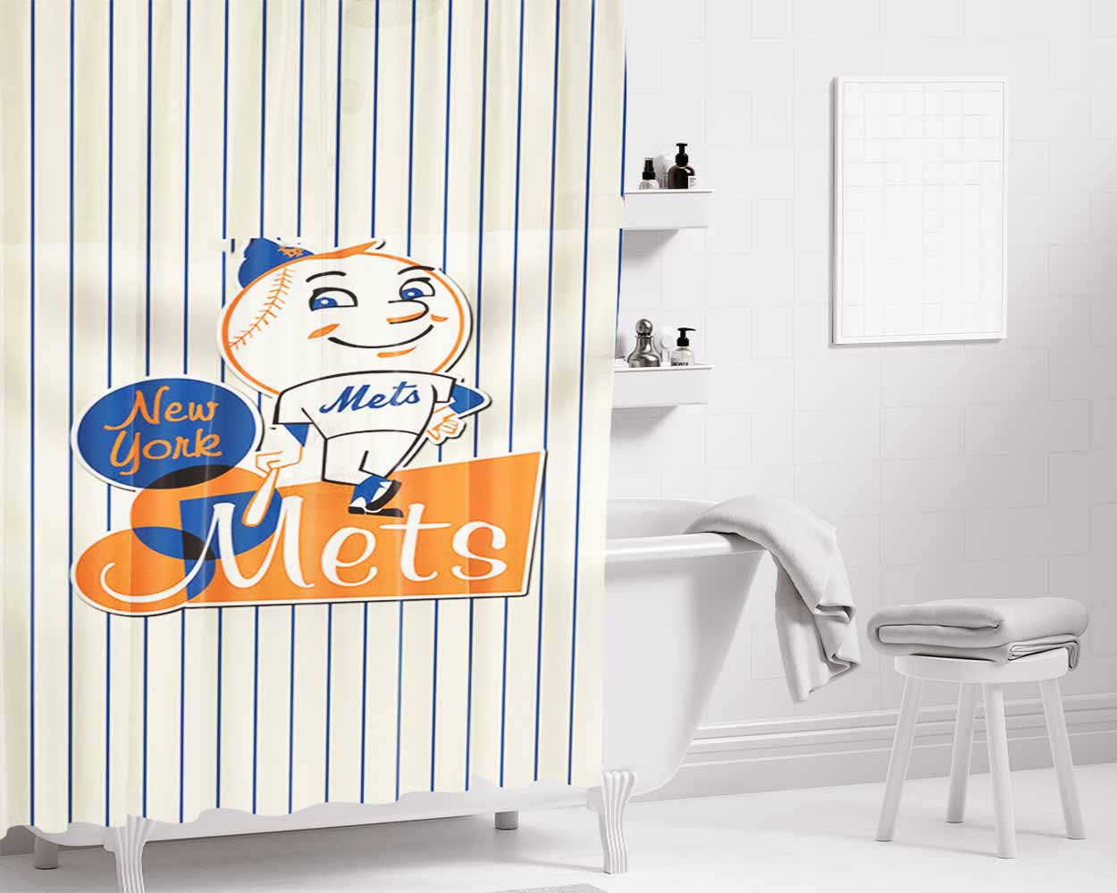 New York Mets Logo Baseball 2 Bathroom Shower Curtain Fabric Waterproof | 66 X 72 Inch