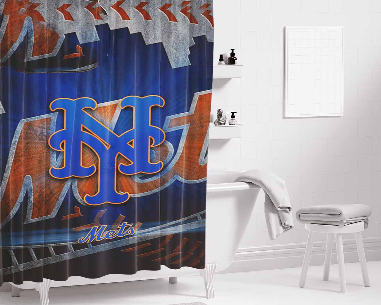 New York Mets Mlb Logo 9 Bathroom Shower Curtain Fabric Waterproof | 66 X 72 Inch