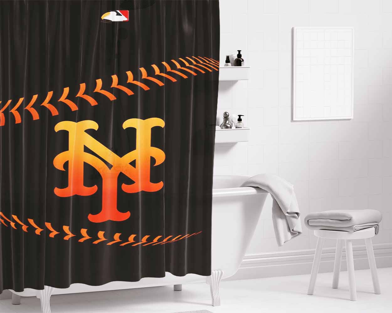 New York Mets Mlb Logo Bathroom Shower Curtain Fabric Waterproof | 66 X 72 Inch