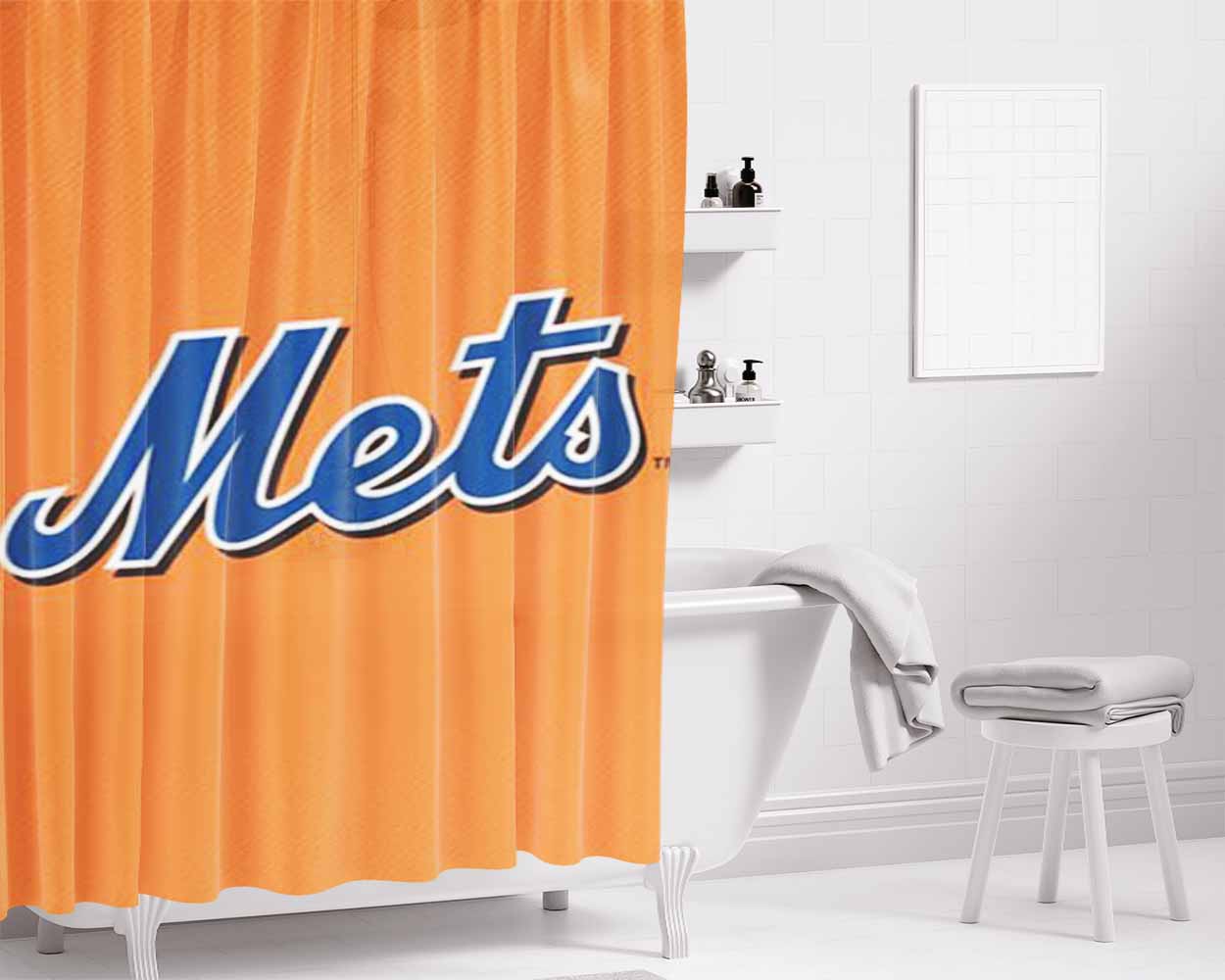 New York Mets Orange Bathroom Shower Curtain Fabric Waterproof | 66 X 72 Inch