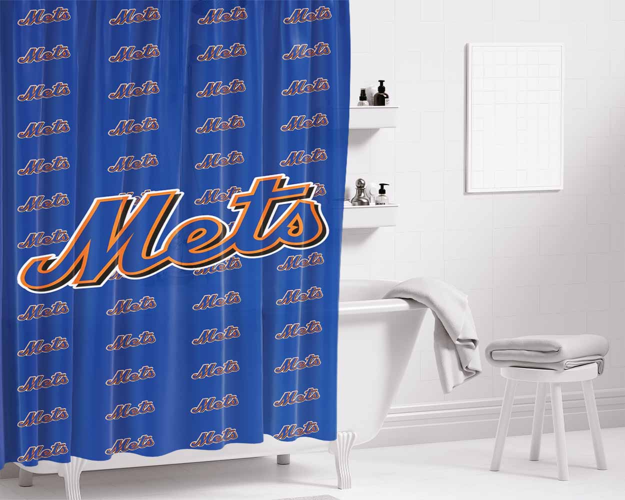New York Mets Pattern Bathroom Shower Curtain Fabric Waterproof | 66 X 72 Inch