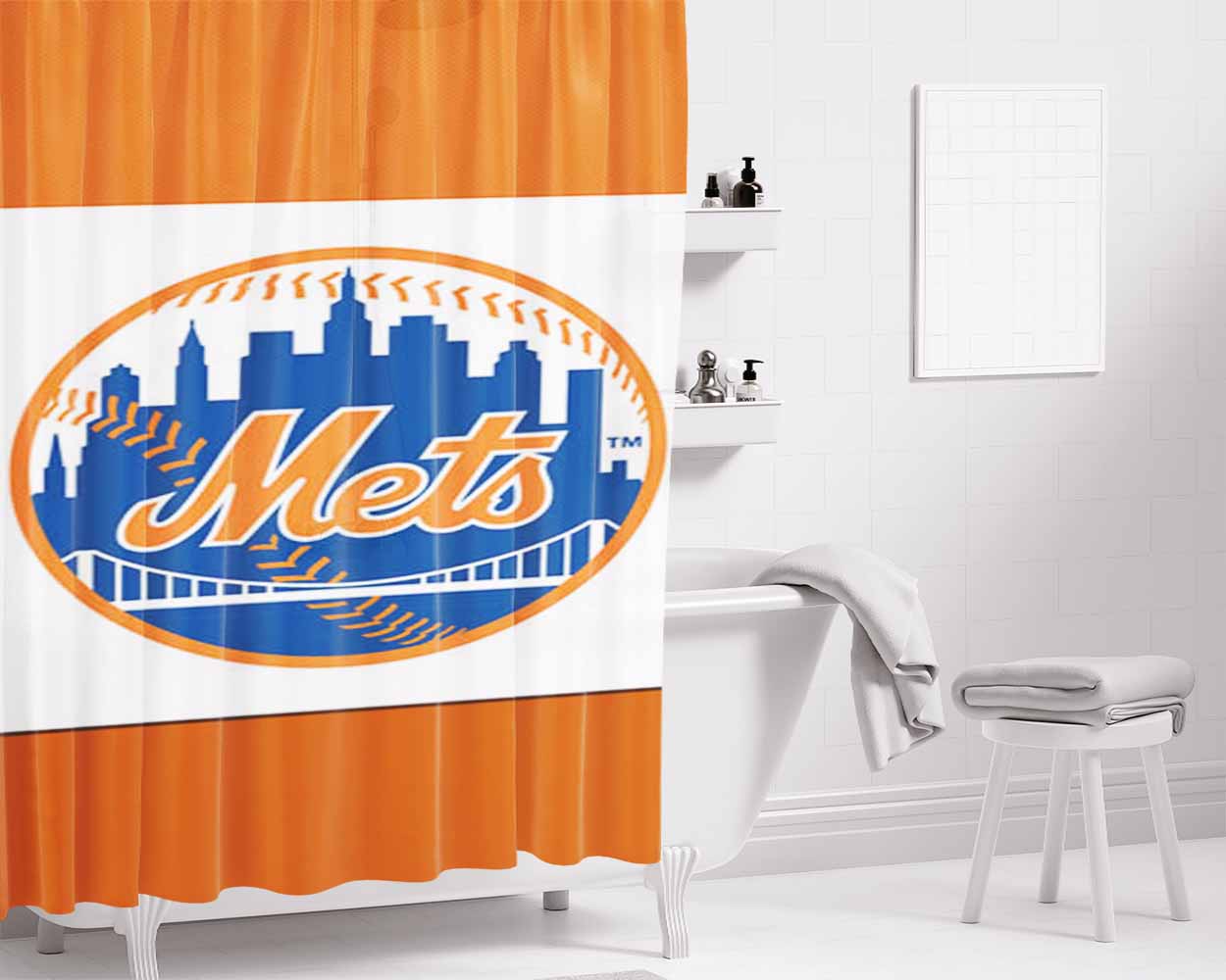 New York Mets Symbol Bathroom Shower Curtain Fabric Waterproof | 66 X 72 Inch
