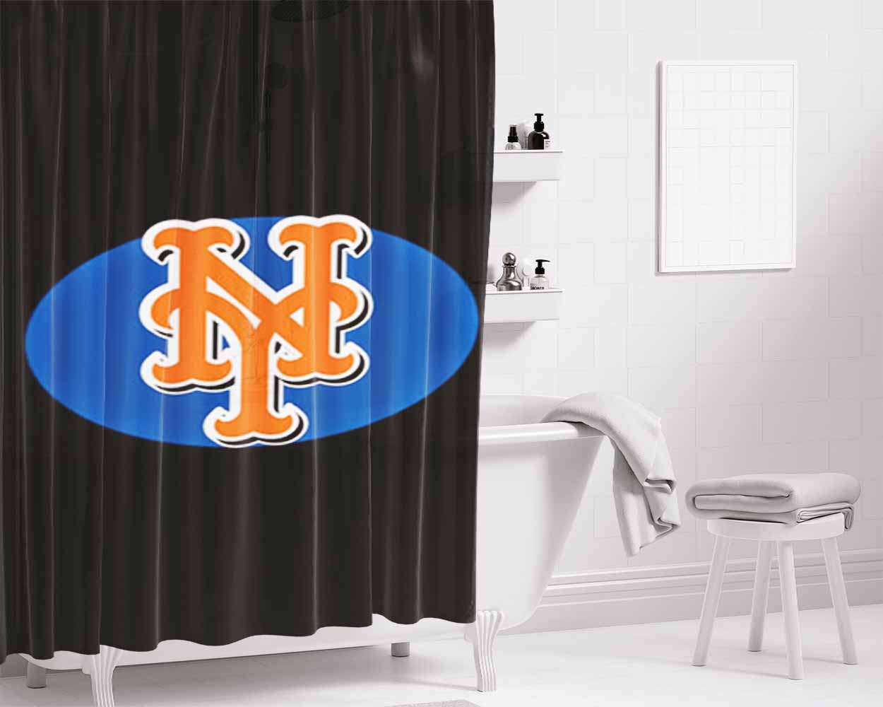 New York Mets Text Bathroom Shower Curtain Fabric Waterproof | 66 X 72 Inch