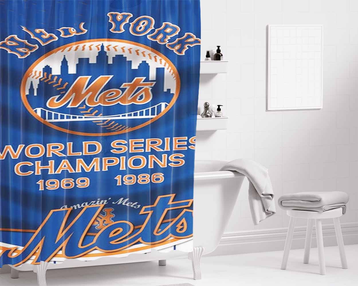 New York Mets World Series Bathroom Shower Curtain Fabric Waterproof | 66 X 72 Inch