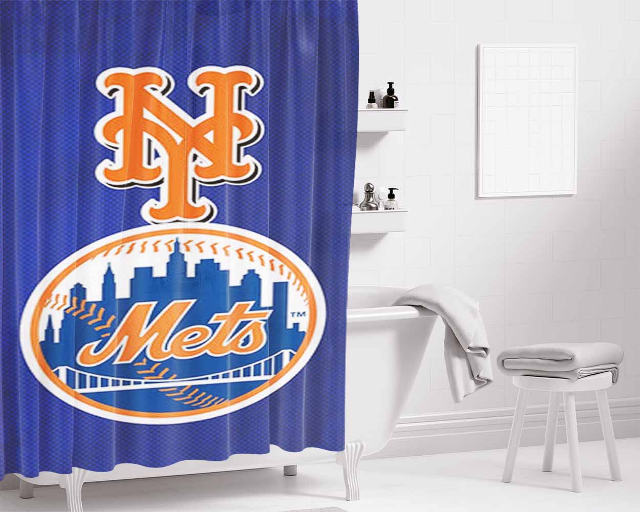 New York Mets Bathroom Shower Curtain Fabric Waterproof | 66 X 72 Inch
