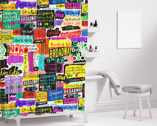 New York Words Design Bathroom Shower Curtain Fabric Waterproof | 66 X 72 Inch