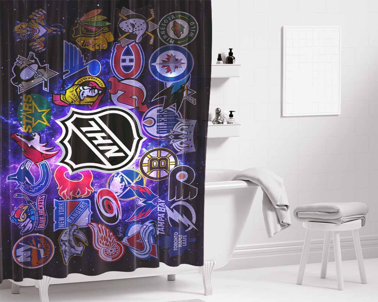 Nhl Teams Collage Wallpaper Bathroom Shower Curtain Fabric Waterproof | 66 X 72 Inch