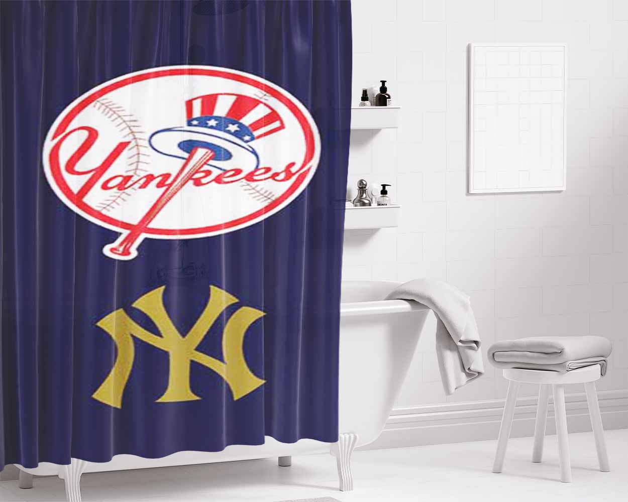Ny Yankees Two Logos Bathroom Shower Curtain Fabric Waterproof | 66 X 72 Inch