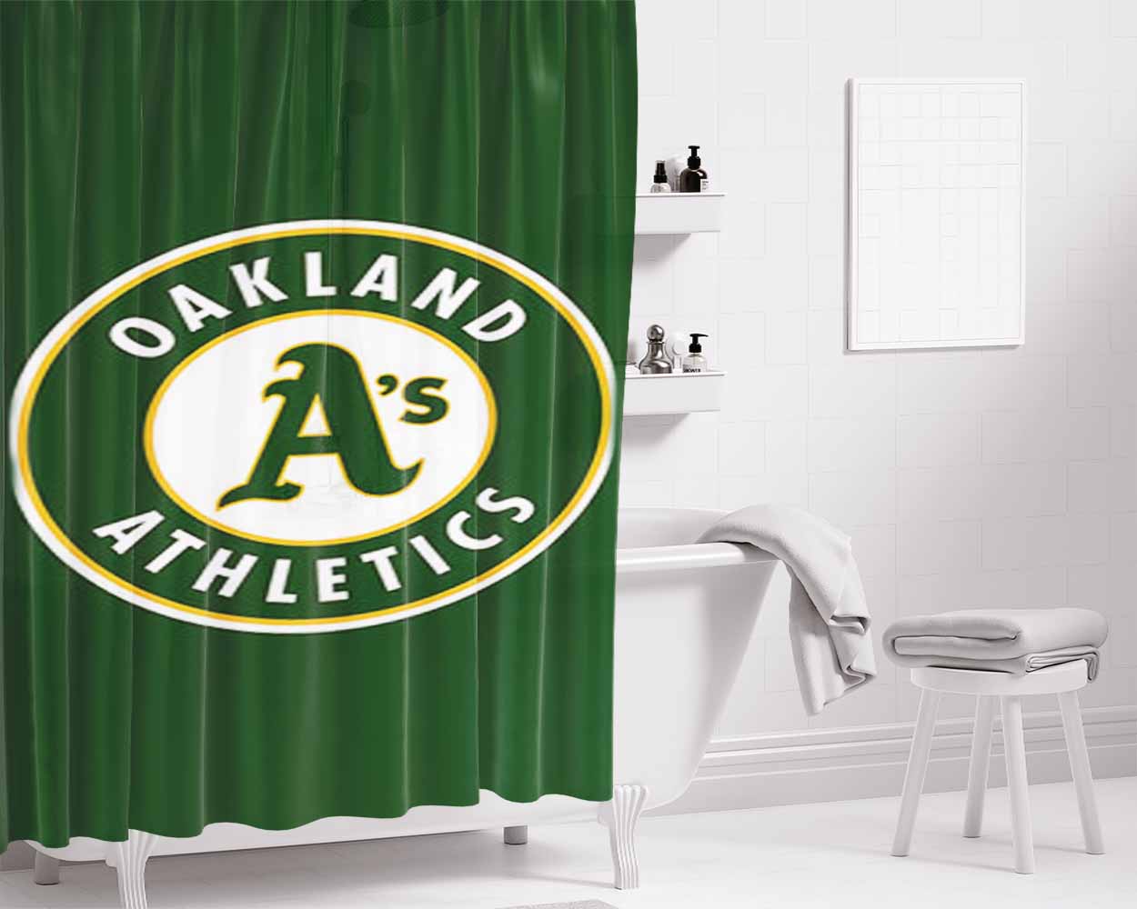 Oakland Athletics Baseball Logo Green Bathroom Shower Curtain Fabric Waterproof | 66 X 72 Inch