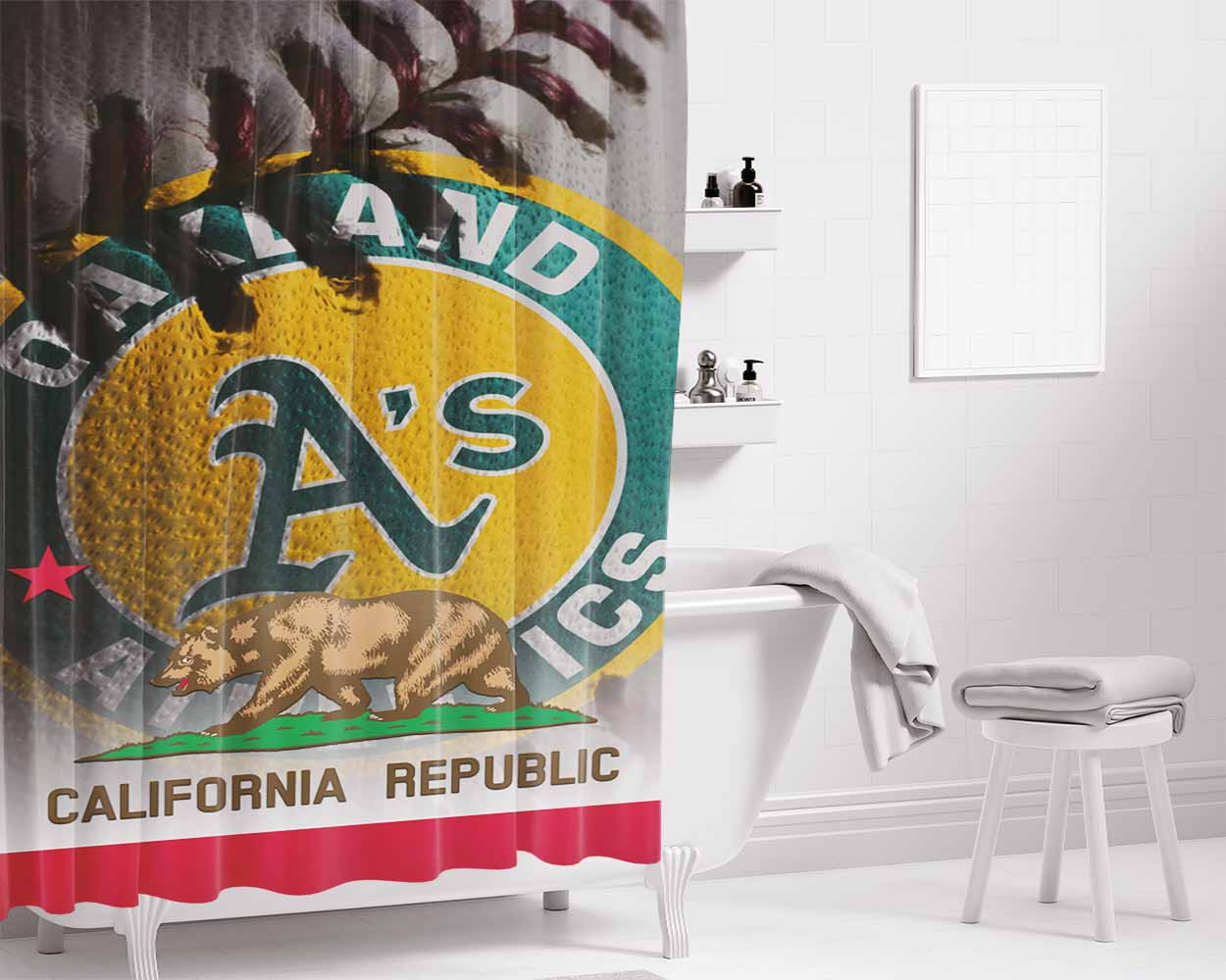 Oakland Athletics Logo California Republic Bathroom Shower Curtain Fabric Waterproof | 66 X 72 Inch