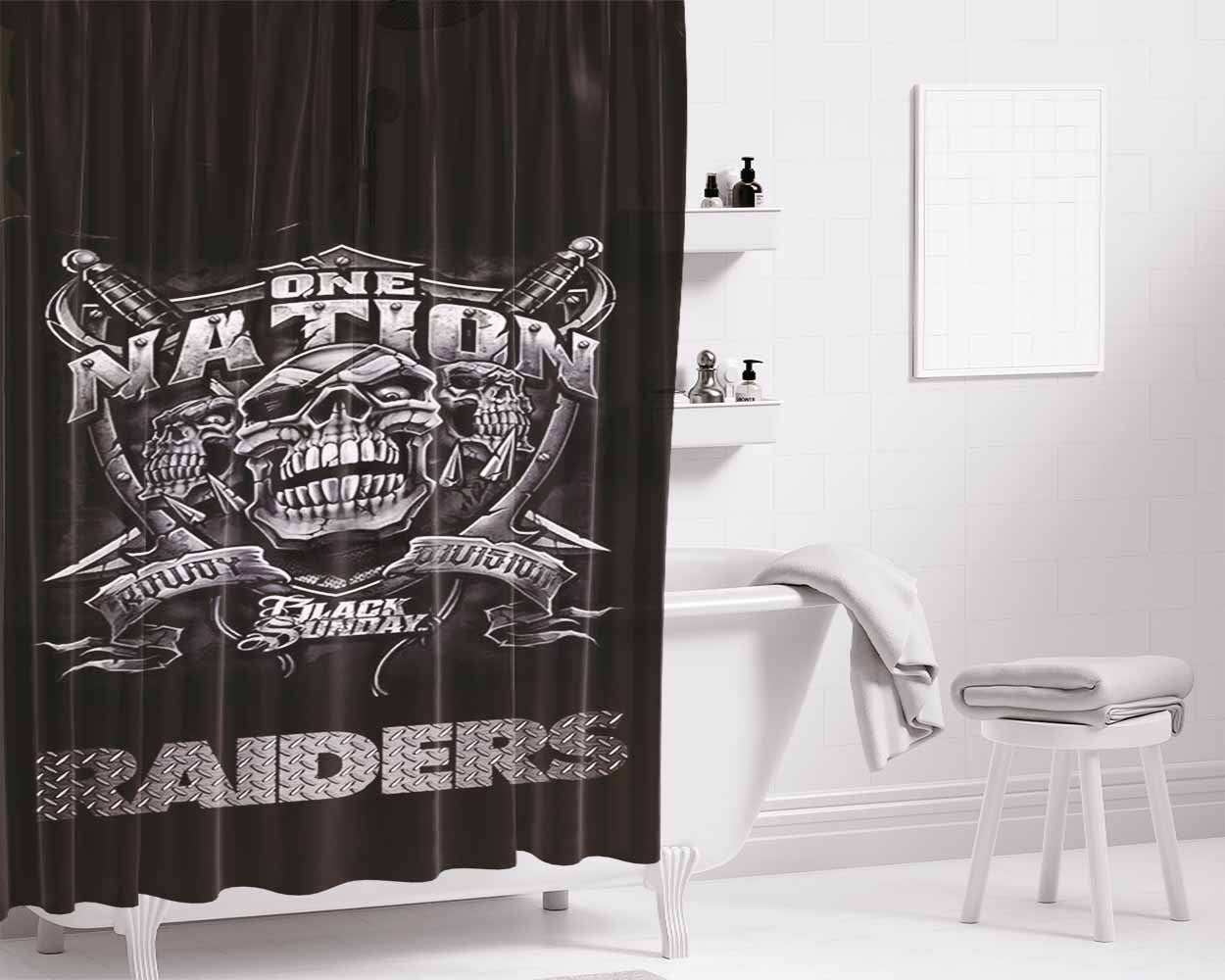 Oakland Raiders Black One Nation Bathroom Shower Curtain Fabric Waterproof | 66 X 72 Inch