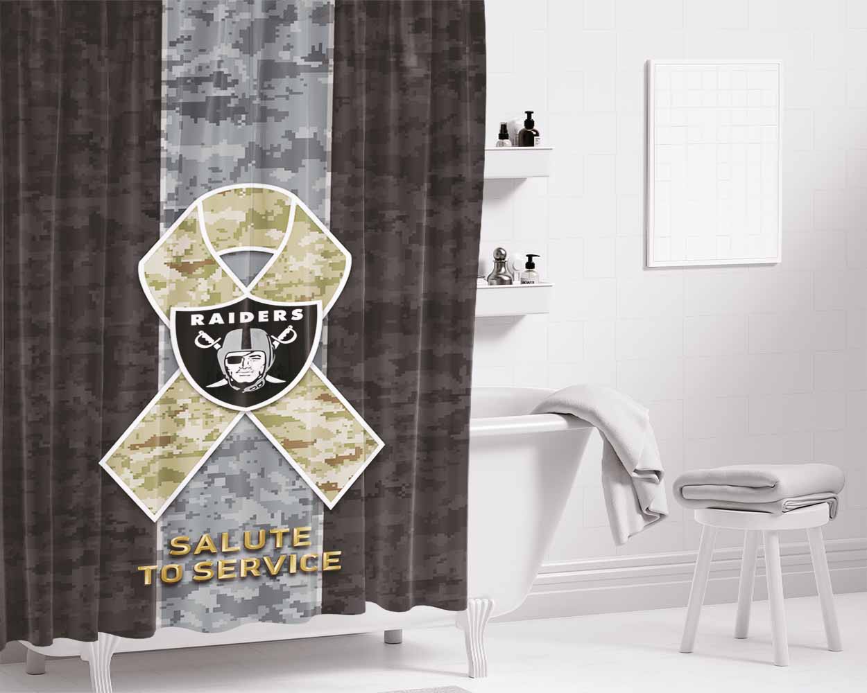 Oakland Raiders Salute To Service Bathroom Shower Curtain Fabric Waterproof | 66 X 72 Inch