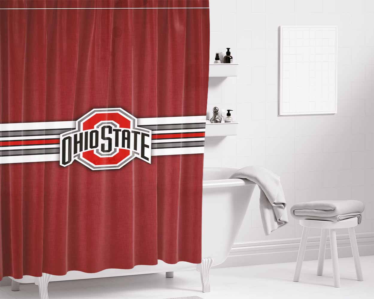 Ohio State Buckeyes Vintage Stripe Bathroom Shower Curtain Fabric Waterproof | 66 X 72 Inch