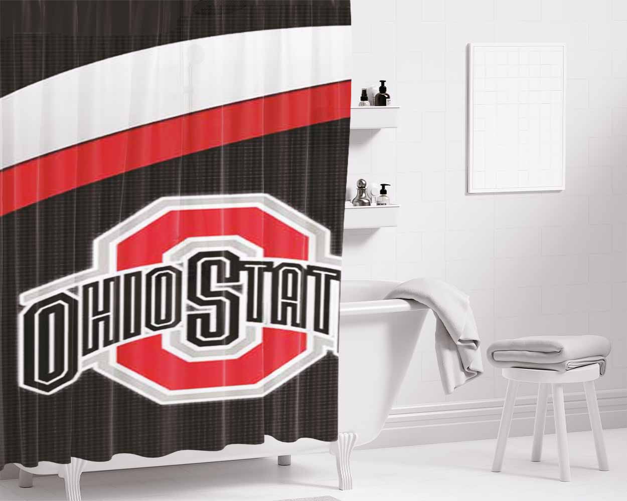 Ohio State Logo Under Stripes Bathroom Shower Curtain Fabric Waterproof | 66 X 72 Inch