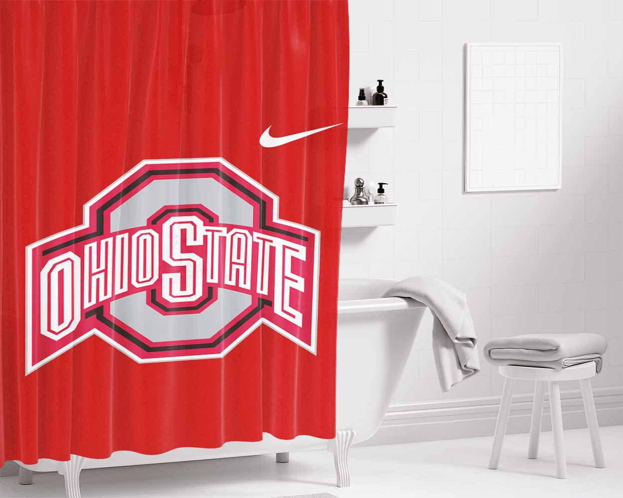 Ohio State Red Wallpaper Logo Bathroom Shower Curtain Fabric Waterproof | 66 X 72 Inch