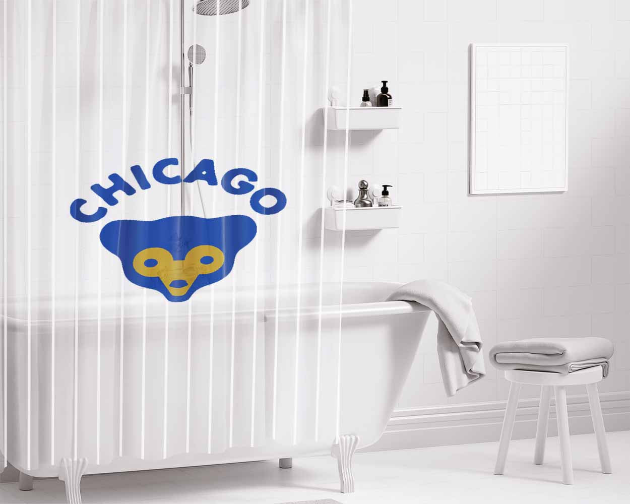 Old Chicago Cubs Logo Stripe Bathroom Shower Curtain Fabric Waterproof | 66 X 72 Inch