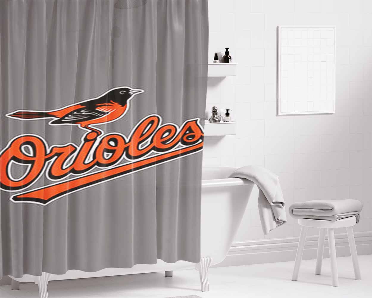 Orioles Baseball Logo Gray Bathroom Shower Curtain Fabric Waterproof | 66 X 72 Inch