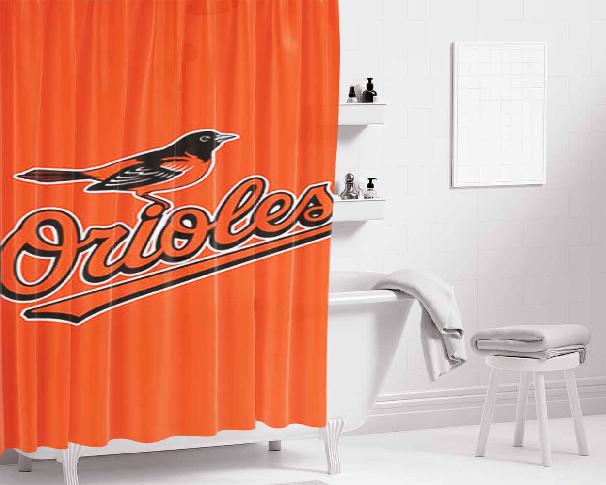 Orioles Baseball Logo Orange Bathroom Shower Curtain Fabric Waterproof | 66 X 72 Inch