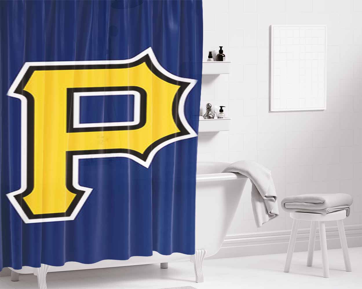 Pittsburgh Pirates Baseball Logo Blue Bathroom Shower Curtain Fabric Waterproof | 66 X 72 Inch