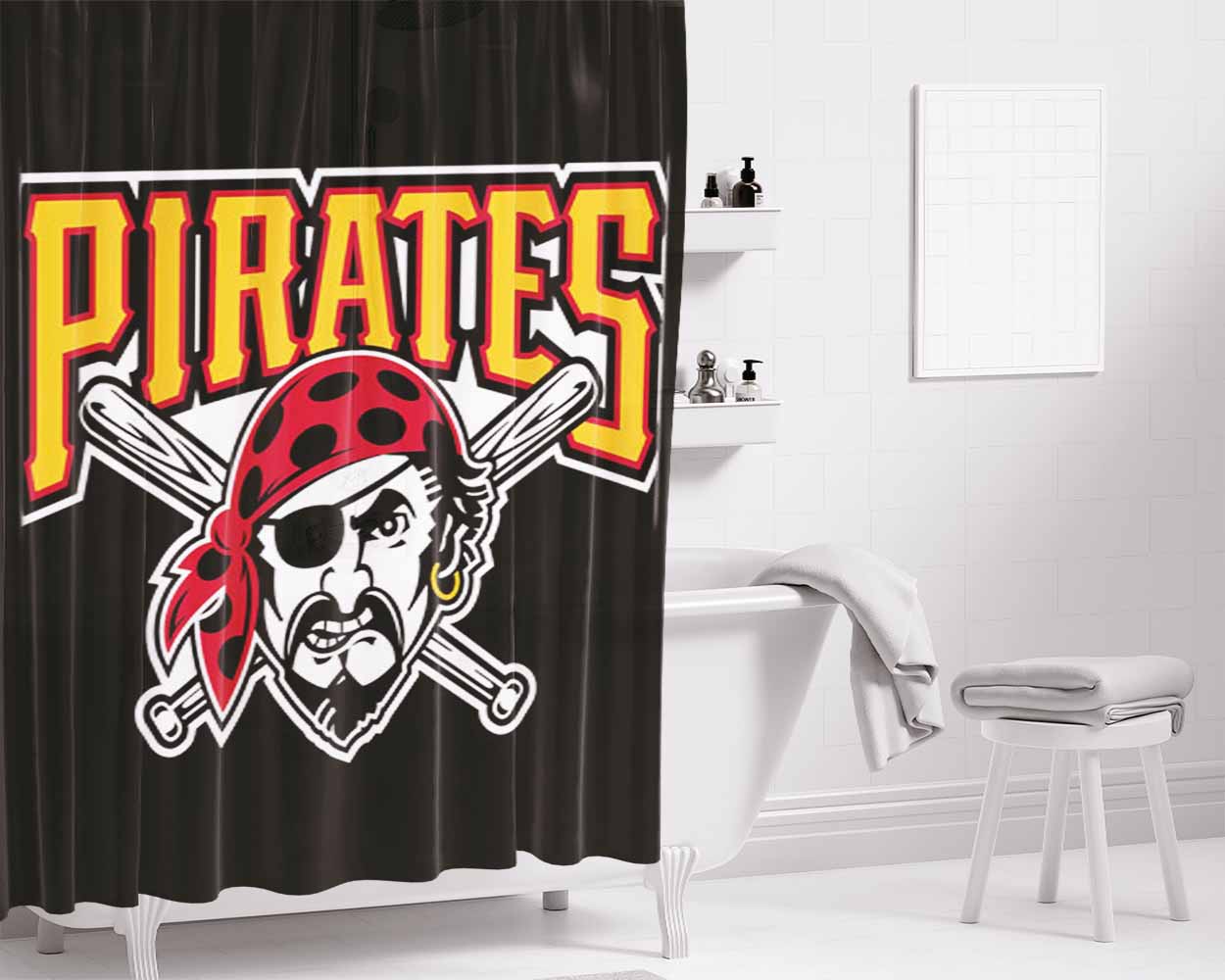 Pittsburgh Pirates Black Background Bathroom Shower Curtain Fabric Waterproof | 66 X 72 Inch
