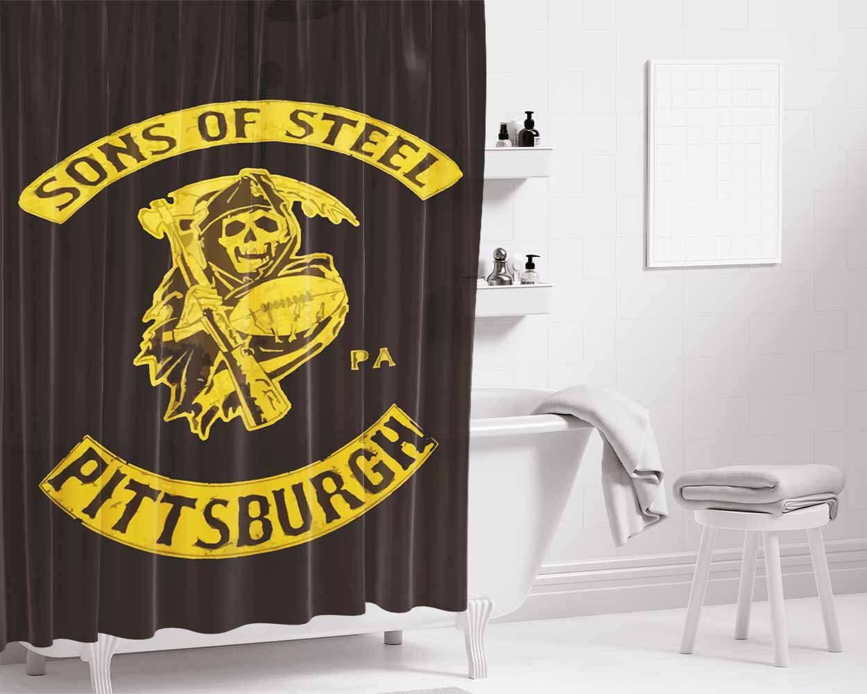 Pittsburgh Sons Of Steel Bathroom Shower Curtain Fabric Waterproof | 66 X 72 Inch
