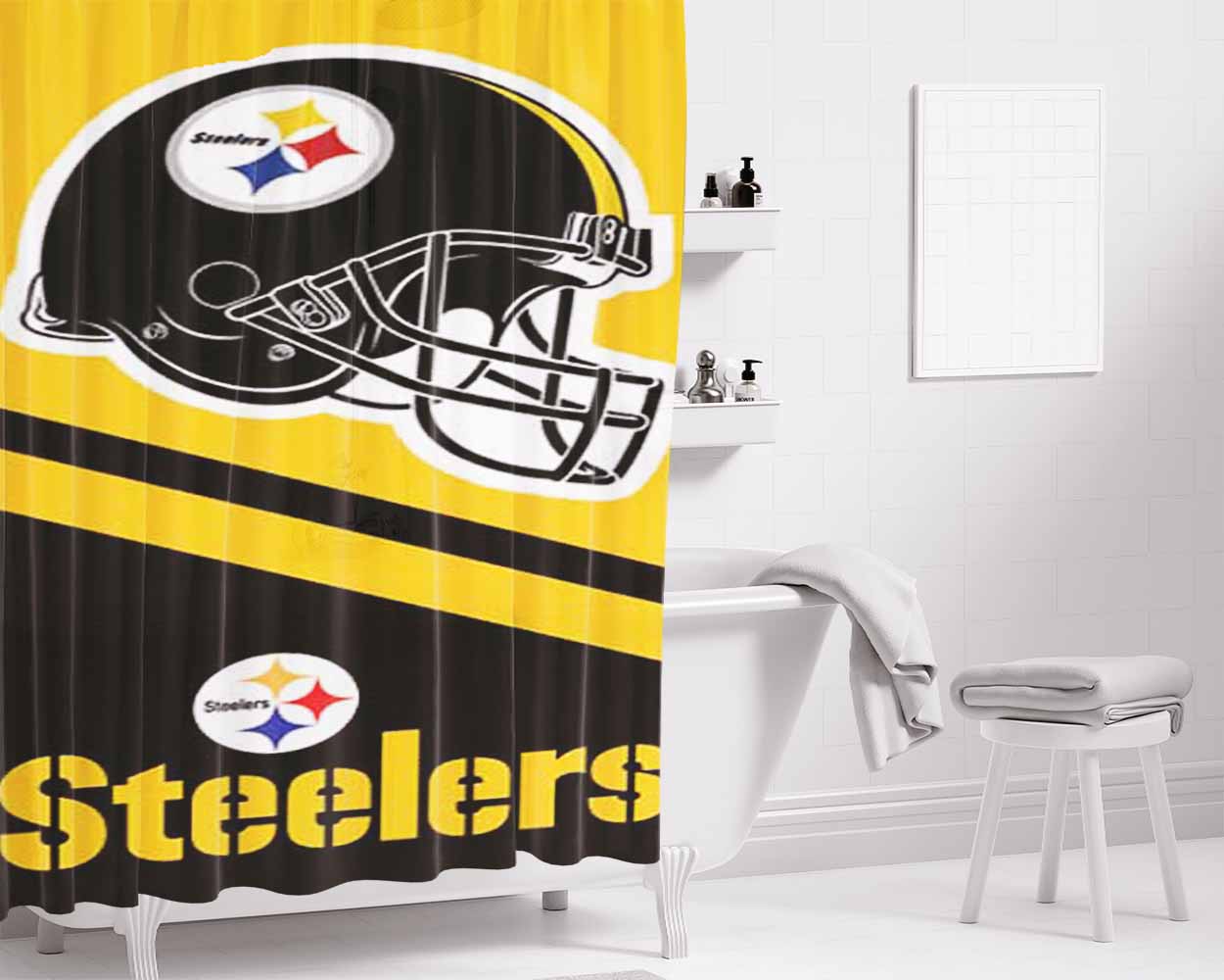Pittsburgh Steelers Helmet Stripes Bathroom Shower Curtain Fabric Waterproof | 66 X 72 Inch