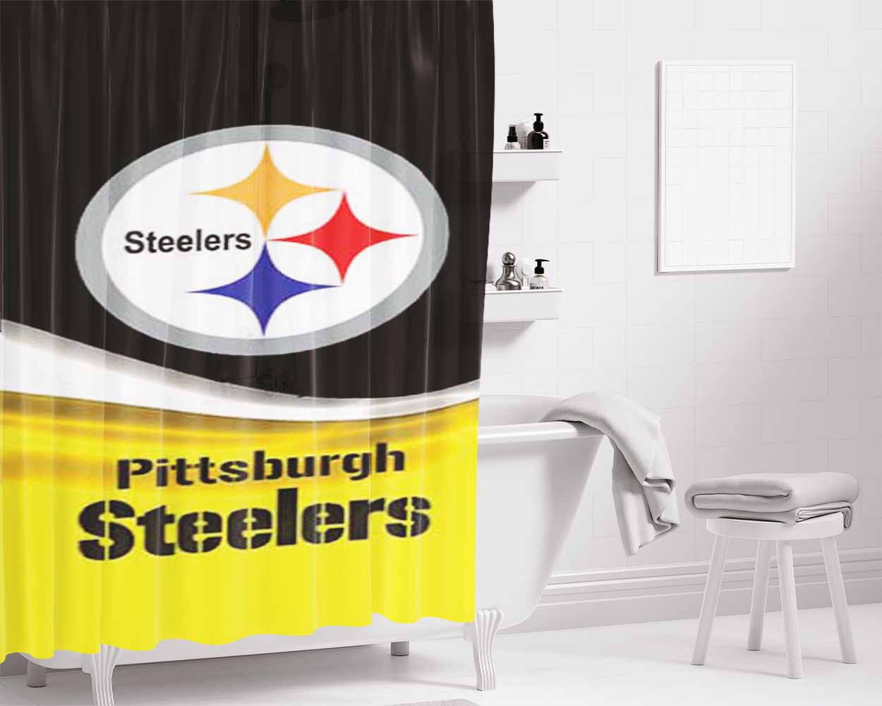 Pittsburgh Steelers Ripple Tall Bathroom Shower Curtain Fabric Waterproof | 66 X 72 Inch