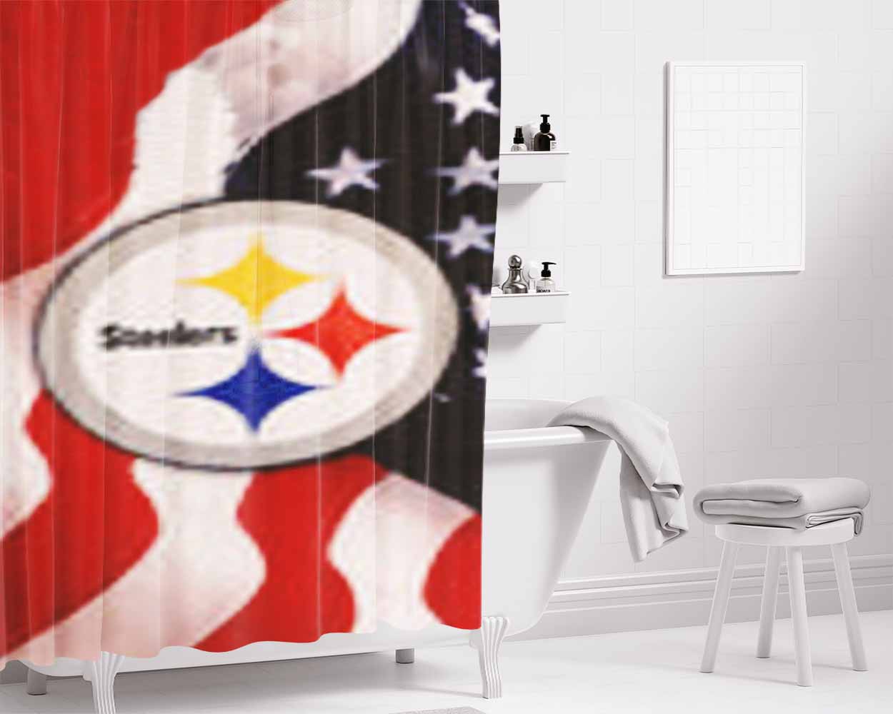 Pittsburgh Steelers Usa Flag Bathroom Shower Curtain Fabric Waterproof | 66 X 72 Inch