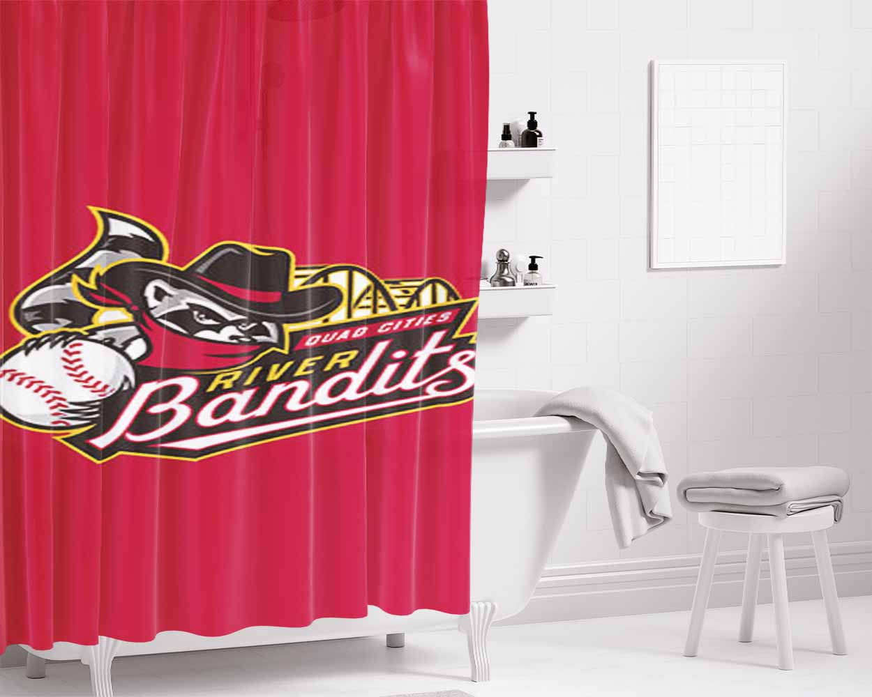 Quad Cities River Bandits Logo Red Bathroom Shower Curtain Fabric Waterproof | 66 X 72 Inch