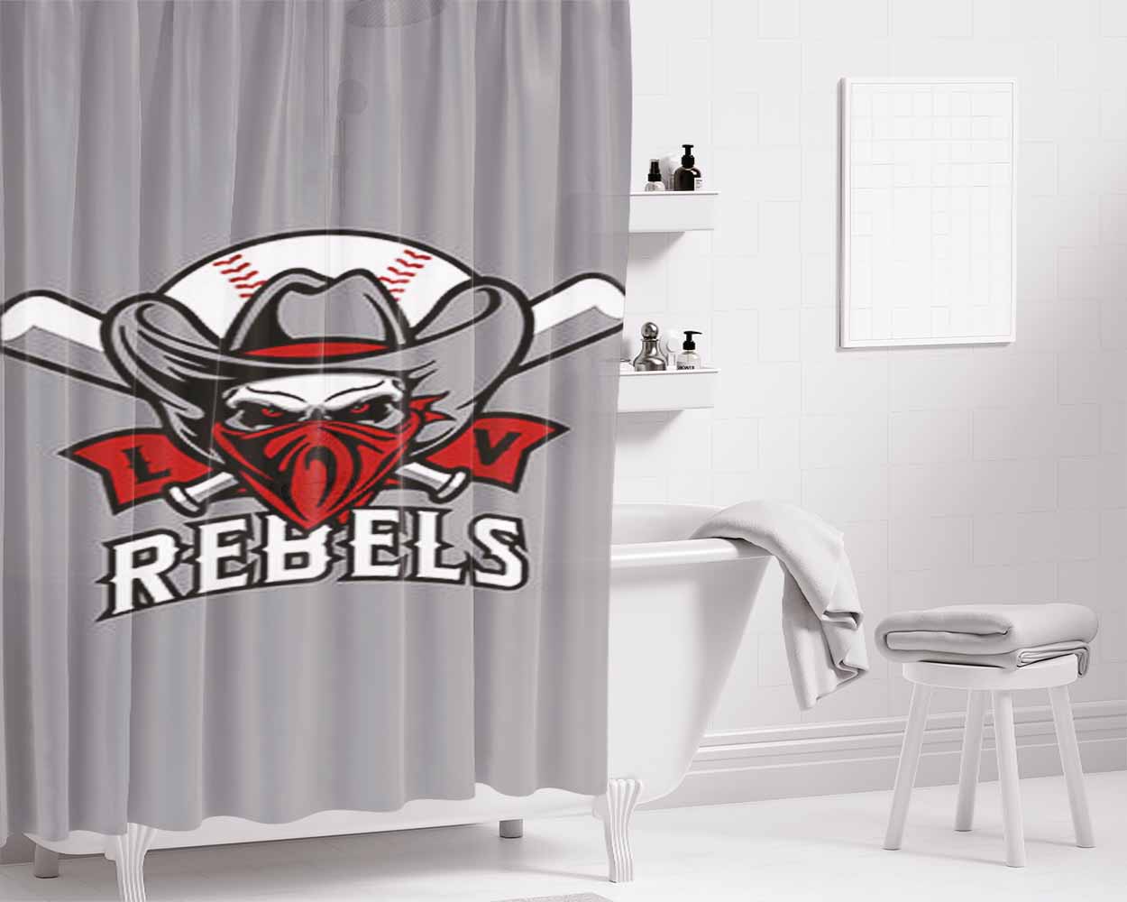 Rebels Baseball Logo Gray Bathroom Shower Curtain Fabric Waterproof | 66 X 72 Inch