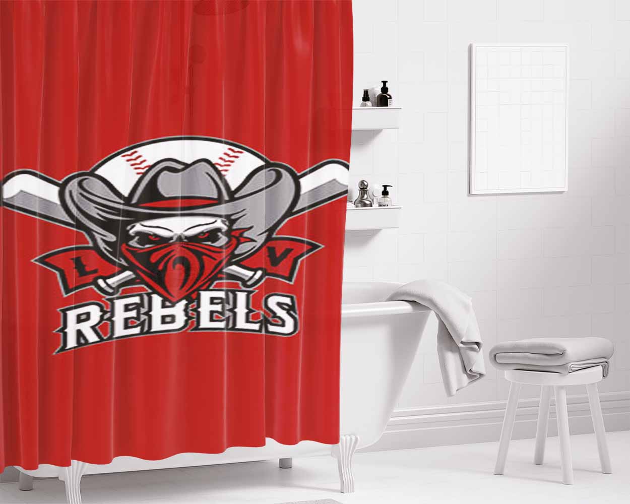 Rebels Baseball Logo Red Bathroom Shower Curtain Fabric Waterproof | 66 X 72 Inch