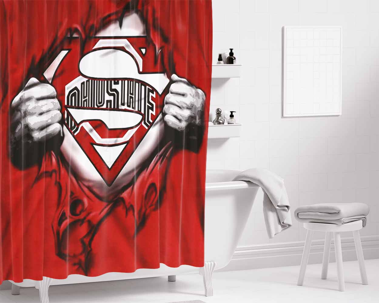 Red Ohio State Heroes Bathroom Shower Curtain Fabric Waterproof | 66 X 72 Inch