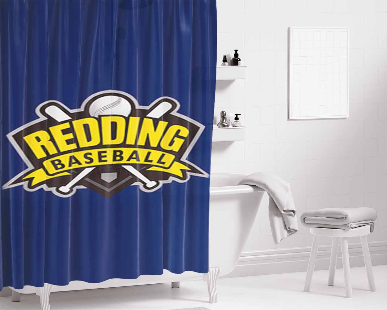 Redding Baseball Logo Blue Bathroom Shower Curtain Fabric Waterproof | 66 X 72 Inch