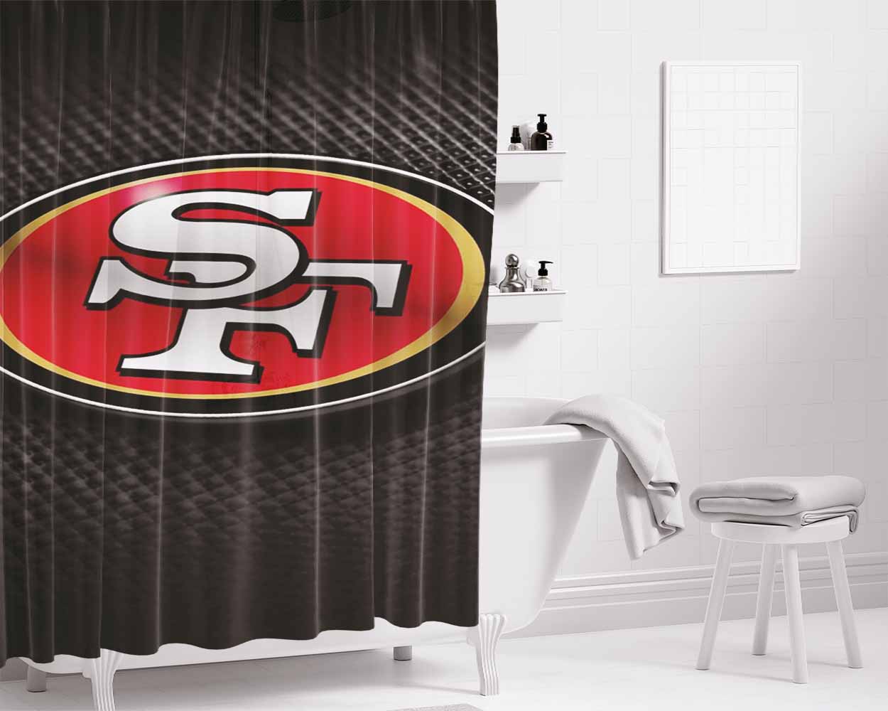 San Francisco 49Ers Black Carbon Fiber Logo Wallpaper Bathroom Shower Curtain Fabric Waterproof | 66 X 72 Inch