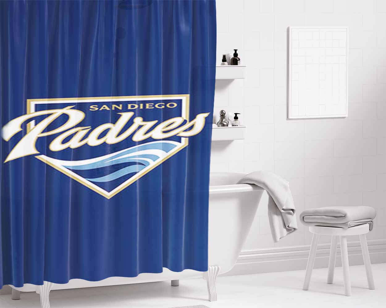 Sandiego Padres Baseball Logo Blue Bathroom Shower Curtain Fabric Waterproof | 66 X 72 Inch