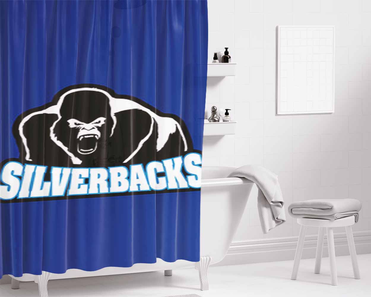 Silverback Baseball Logo Blue Bathroom Shower Curtain Fabric Waterproof | 66 X 72 Inch