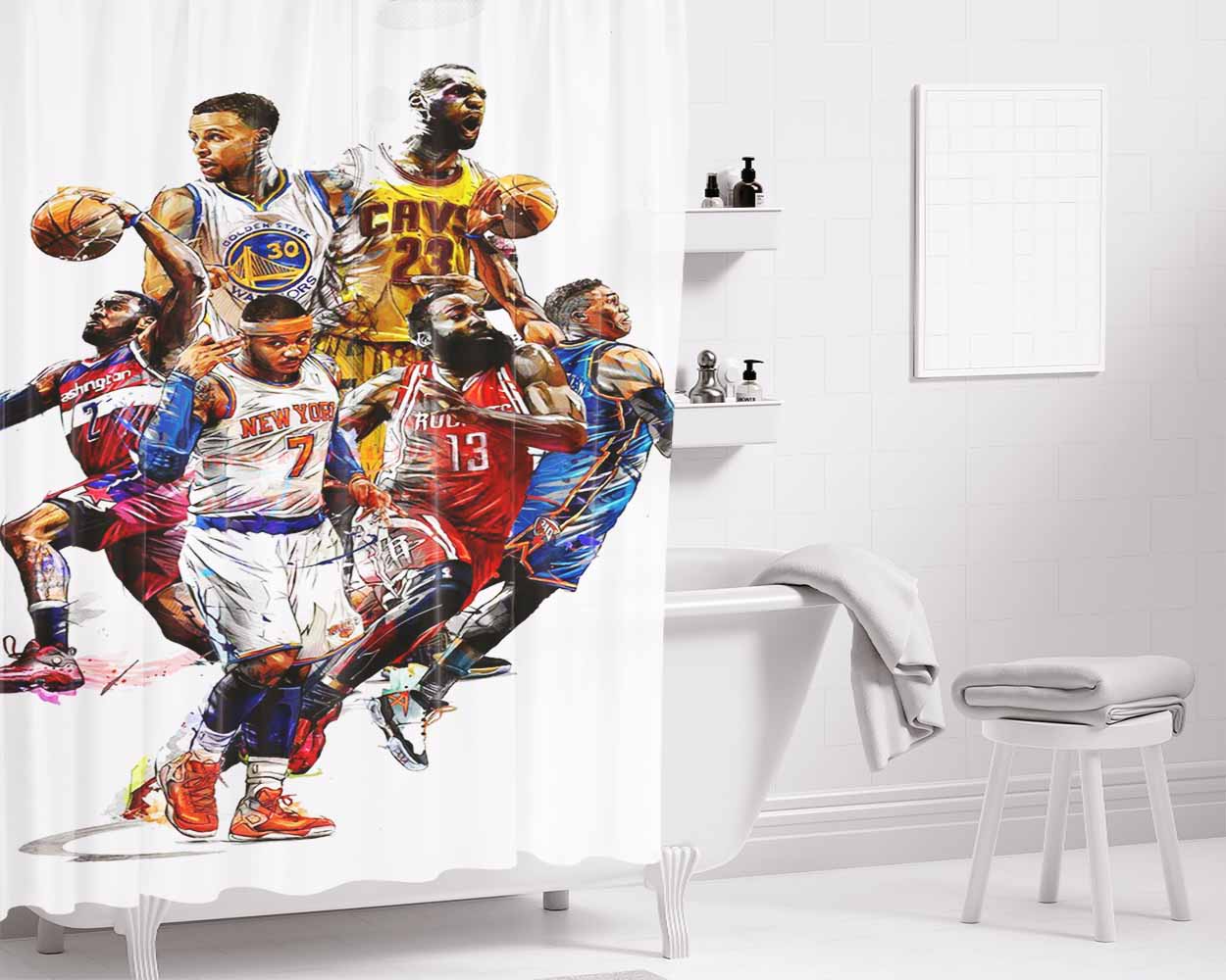 Six Legendary Nba Players Art Bathroom Shower Curtain Fabric Waterproof | 66 X 72 Inch