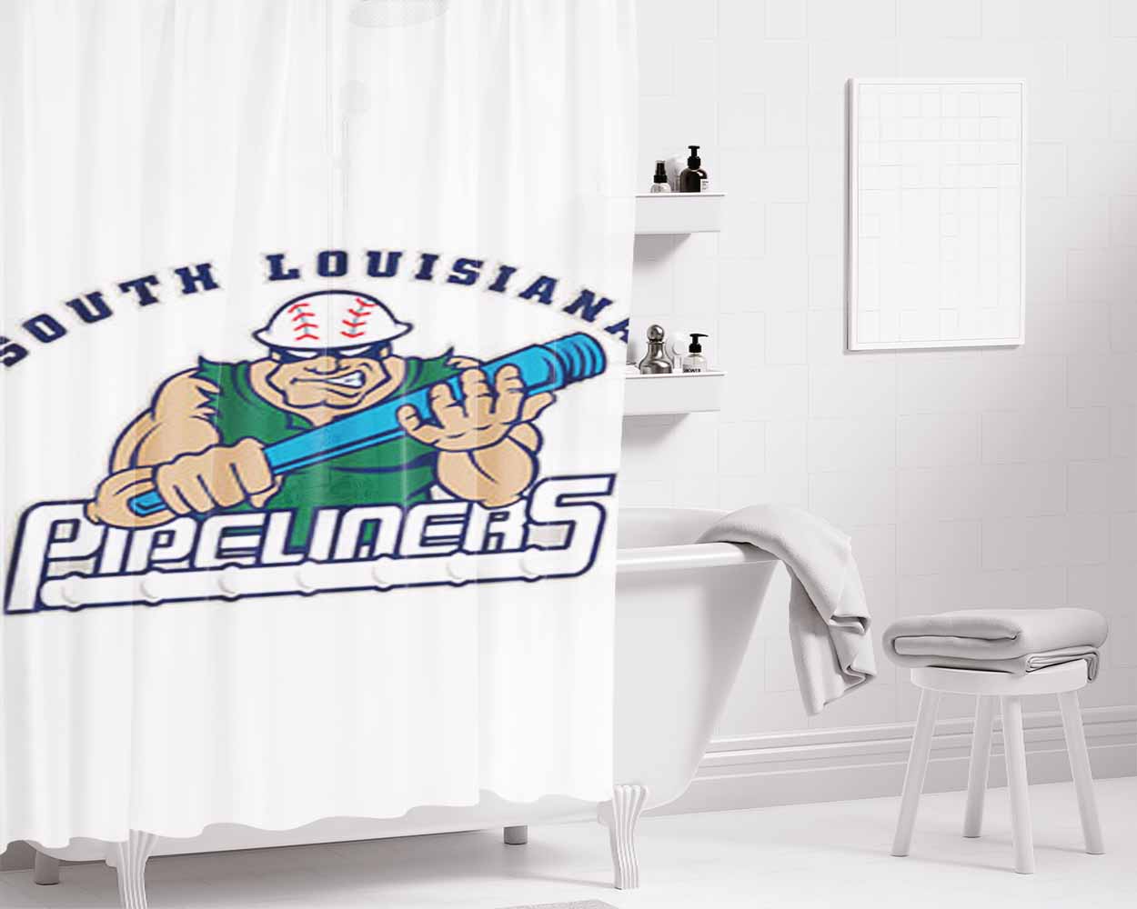 South Louisiana Pipeliners Baseball Logo White Bathroom Shower Curtain Fabric Waterproof | 66 X 72 Inch