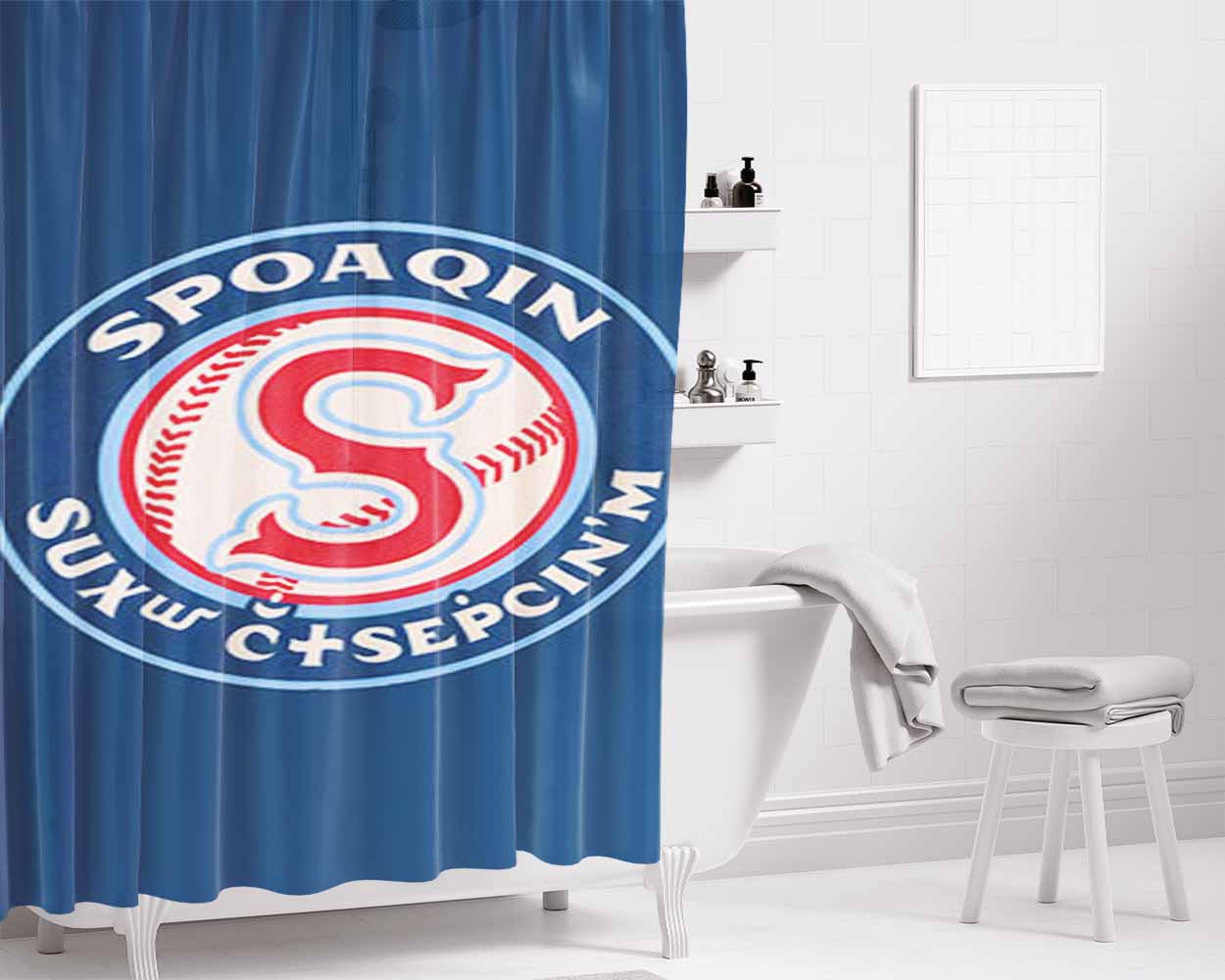 Spoaqin Indians Baseball Logo Blue Bathroom Shower Curtain Fabric Waterproof | 66 X 72 Inch