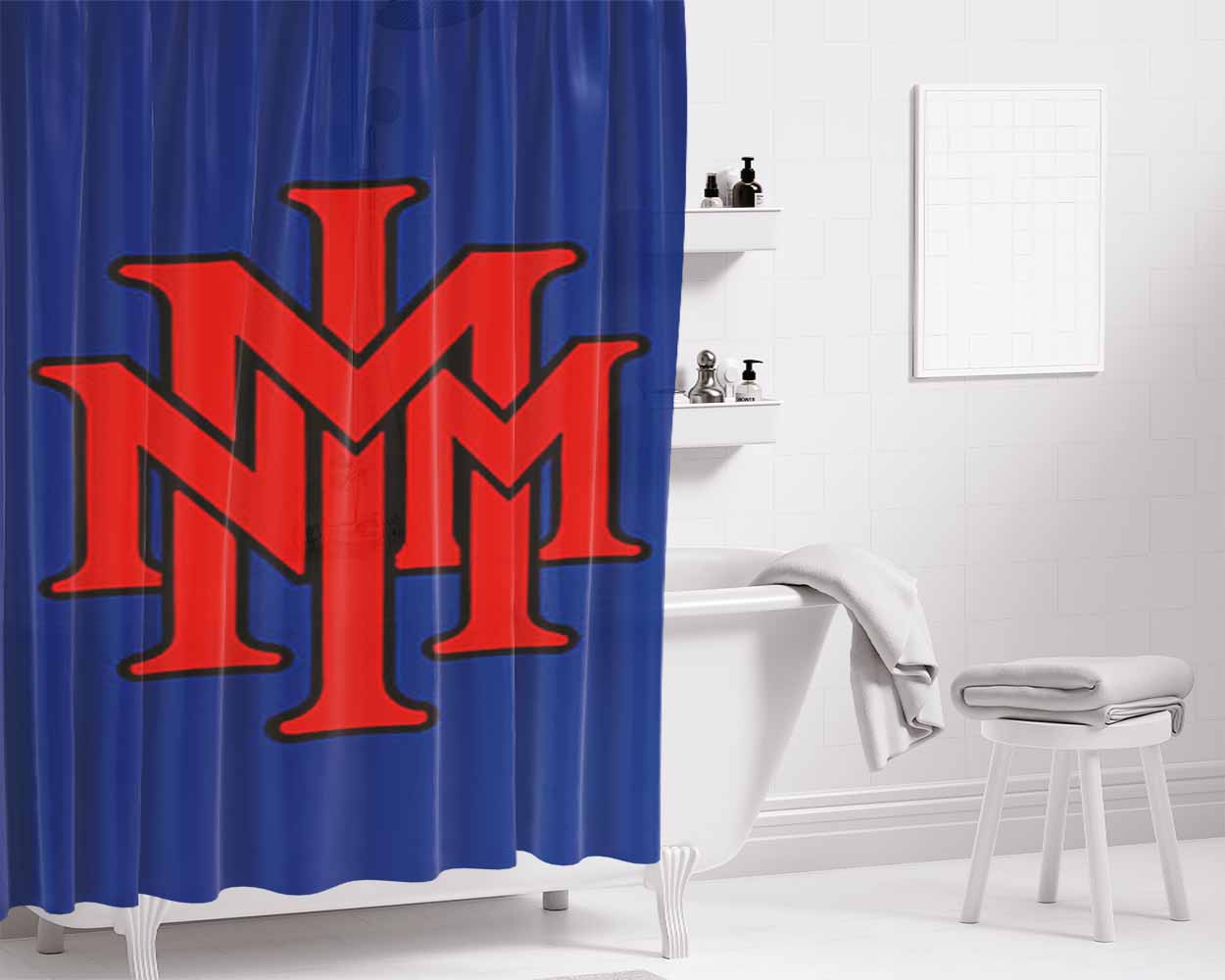 Stackednmmi Baseball Logo Blue Bathroom Shower Curtain Fabric Waterproof | 66 X 72 Inch