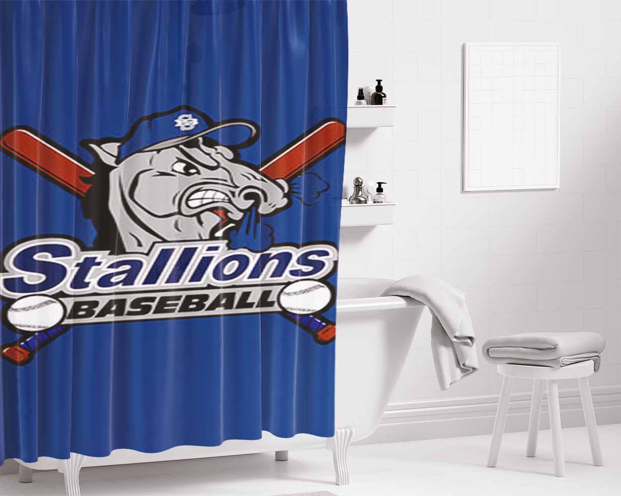 Stallions Baseball Logo Blue Bathroom Shower Curtain Fabric Waterproof | 66 X 72 Inch