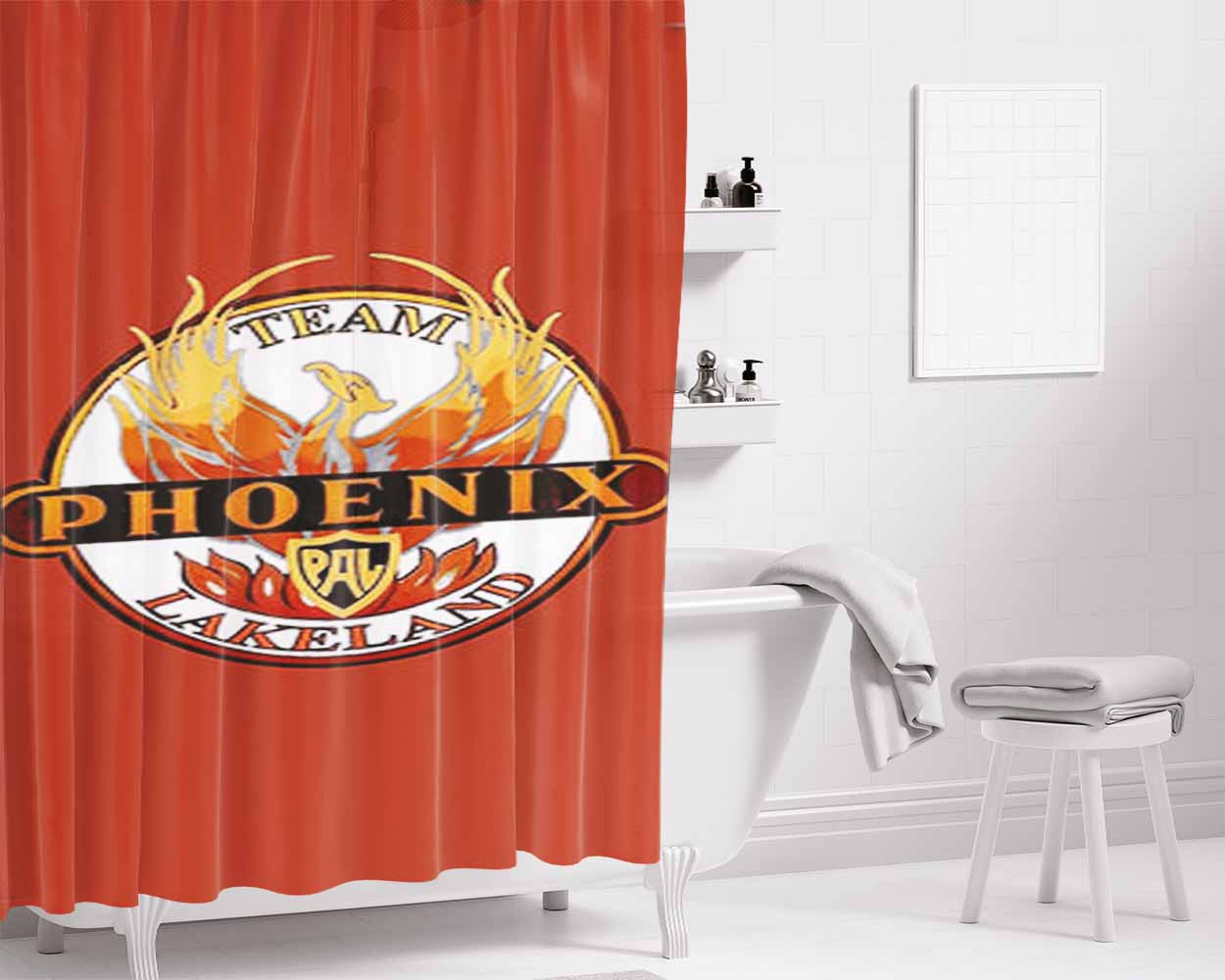 Team Phoening Lakeland Baseball Logo Red Bathroom Shower Curtain Fabric Waterproof | 66 X 72 Inch