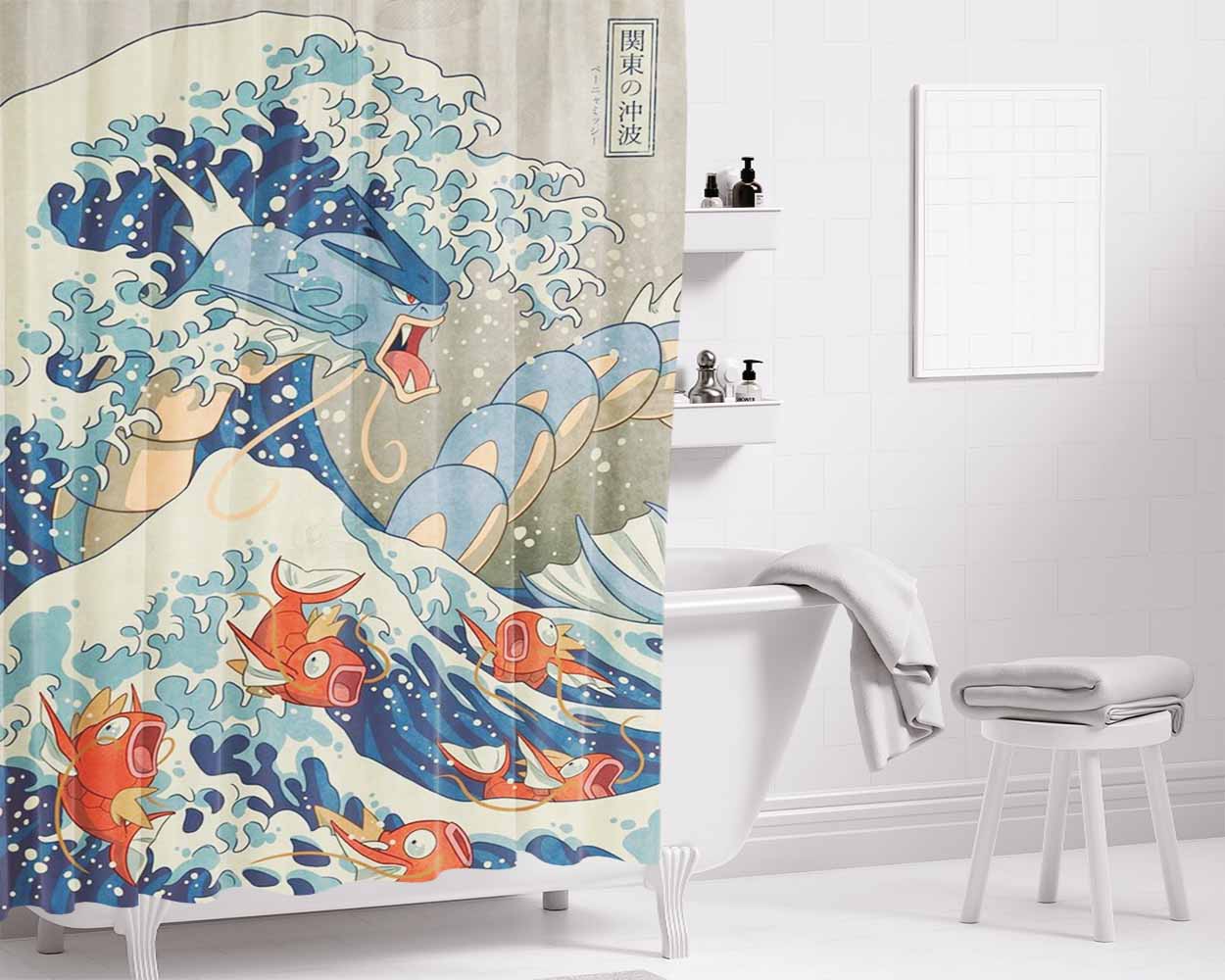The Great Wave Off Kanto Blue Bathroom Shower Curtain Fabric Waterproof | 66 X 72 Inch